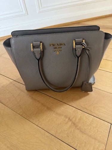 Authentic PRADA Gray Gold Hardware Top Handle Saffiano Satchel Bag
