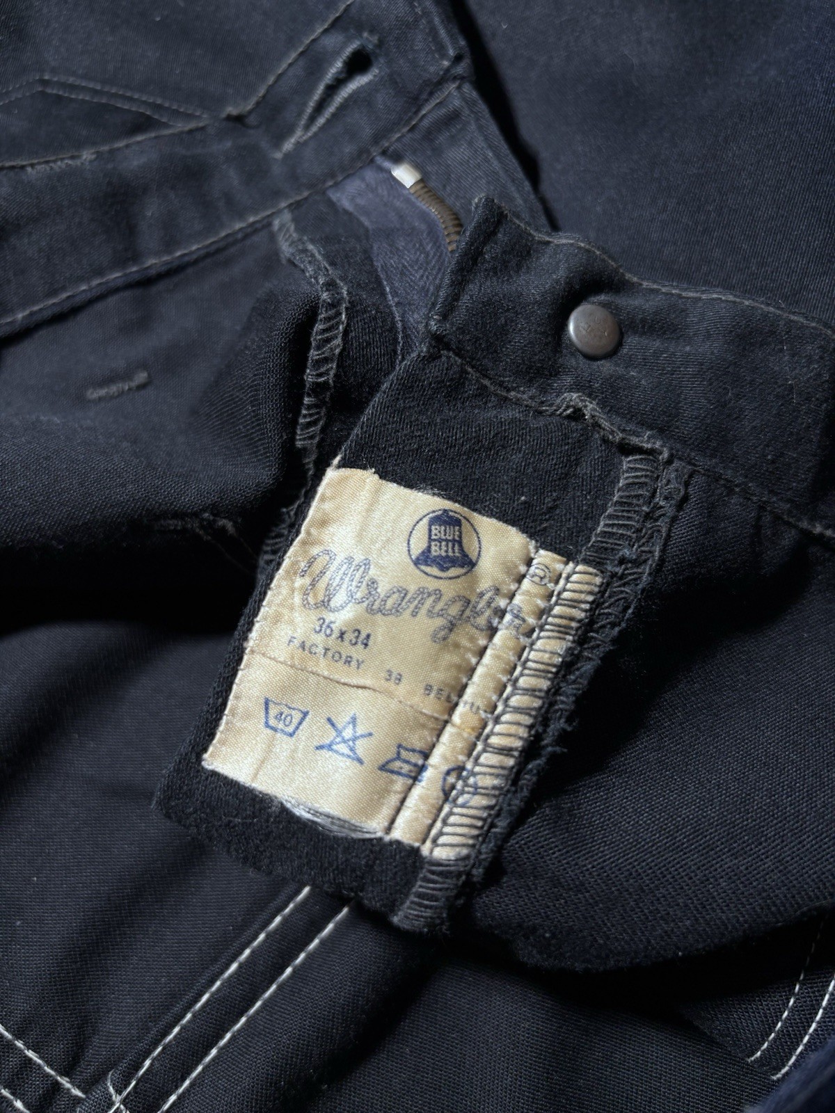 VTG 70s Wrangler Blue Bell Black Flare Jeans Patch Pocket Made in USA 34x32 image 8