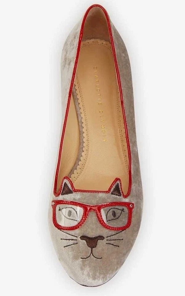 CHARLOTTE OLYMPIA Cat Sunkissed Kitty Embroidered Velvet Flats cat flats Size 38 - Image 2 of 4