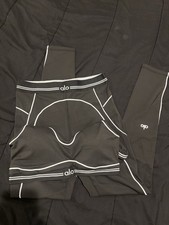 ALO Women's Black  White Activewear Set Leggings  Sports Bra Contrast Piping S