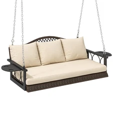 Outsunny Wicker Porch Swing, Hanging Swing Bench with Cup Holders, Brown