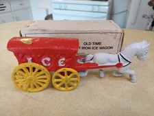 Vintage Cast Iron White Horse Drawn Ice Wagon Cart Stage Coach Toy w/ Box