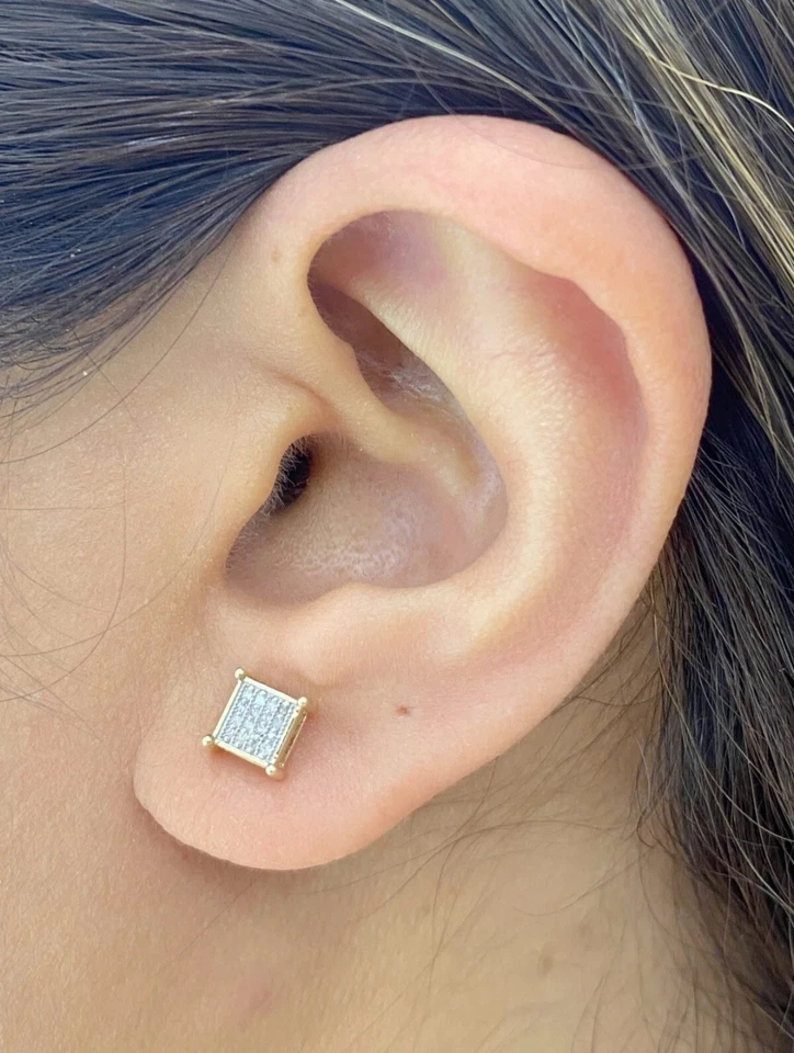 Pendientes de diamantes de forma cuadrada micro pavé de oro de 10k para hombre/dama Foto 4 de 4