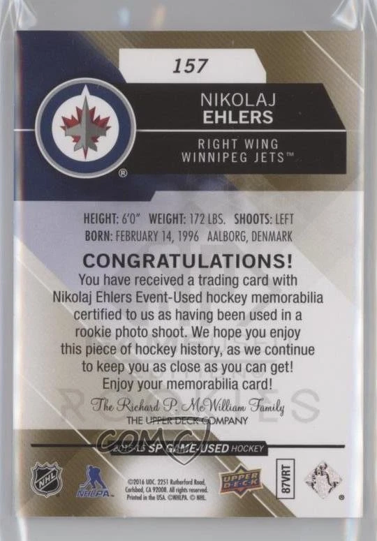 2015 SP Game-Used Spectrum Gold Prime Jersey /99 Nikolaj Ehlers #157 Rookie RC - Image 2 of 2