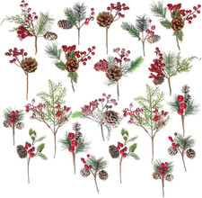 Christmas Tree Picks Red Berry Pine Cones Holly Leaves Floral Stems 20 Pack