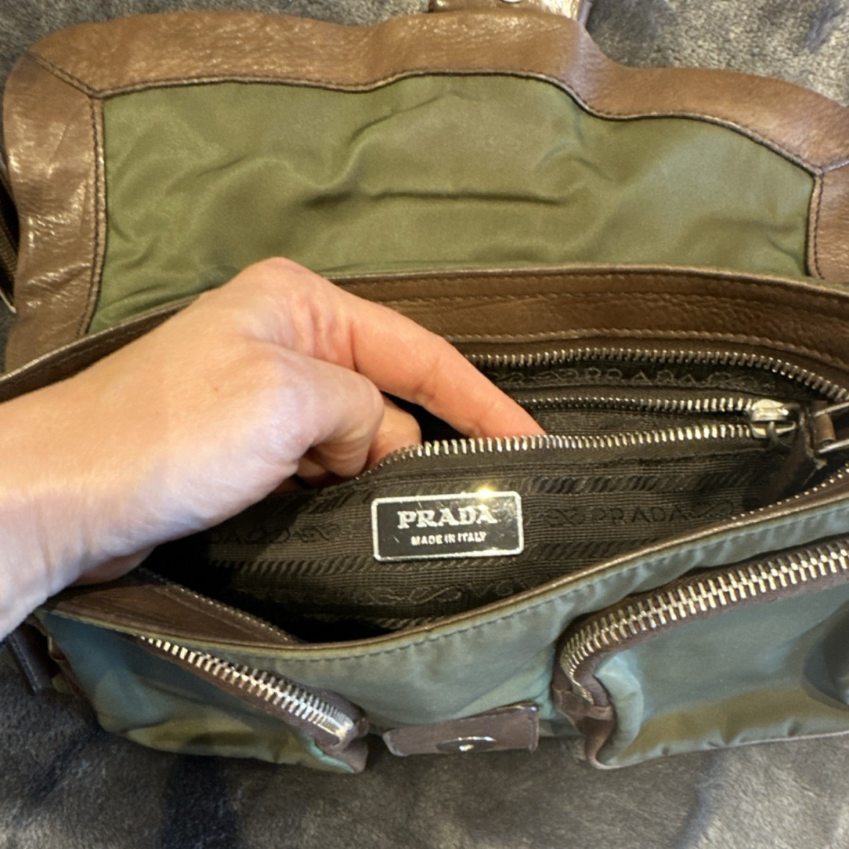 PRADA Green Brown Shoulder Bag Buckle Accent Zip Adjustable Strap