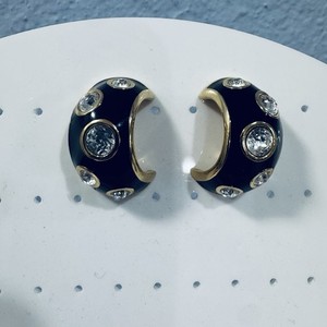 Authentic Vintage Christian Dior Gold Plated Black Enamel Crystal Half Hoop Post Earrings