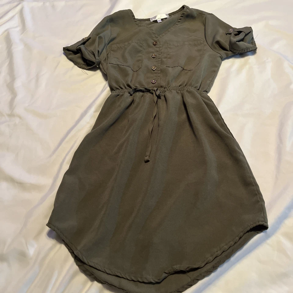 Vestido Stella Tweed Niñas S (5-6X) Verde Oliva Safari Túnica Corbata Cintura Abotonada Foto 2 de 4