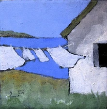 Miniature 4X4 COAST COTTAGE CLOTHESLiNE Lynne French O/C Laundry Landscape Art