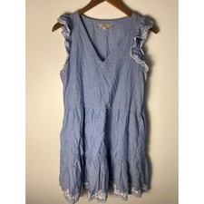 LOFT Tiered Eyelet Dress W Sm Blue Ruffle Sleeve Cotton Chambray Cottage Boho