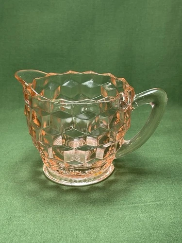 Vtg Pink Depression Glass Creamer 3x2.5 Cube Cubist Pattern
