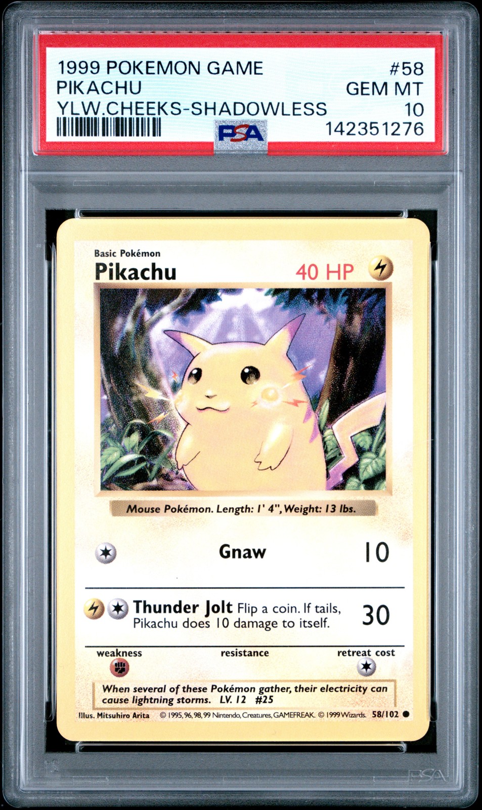 1999 POKEMON BASE SET SHADOWLESS YELLOW CHEEKS #58 PIKACHU PSA 10