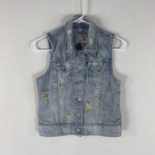 Levis Denim Trucker Vest Women XS Blue Distressed Button-Up Festival Cowgirl 70s