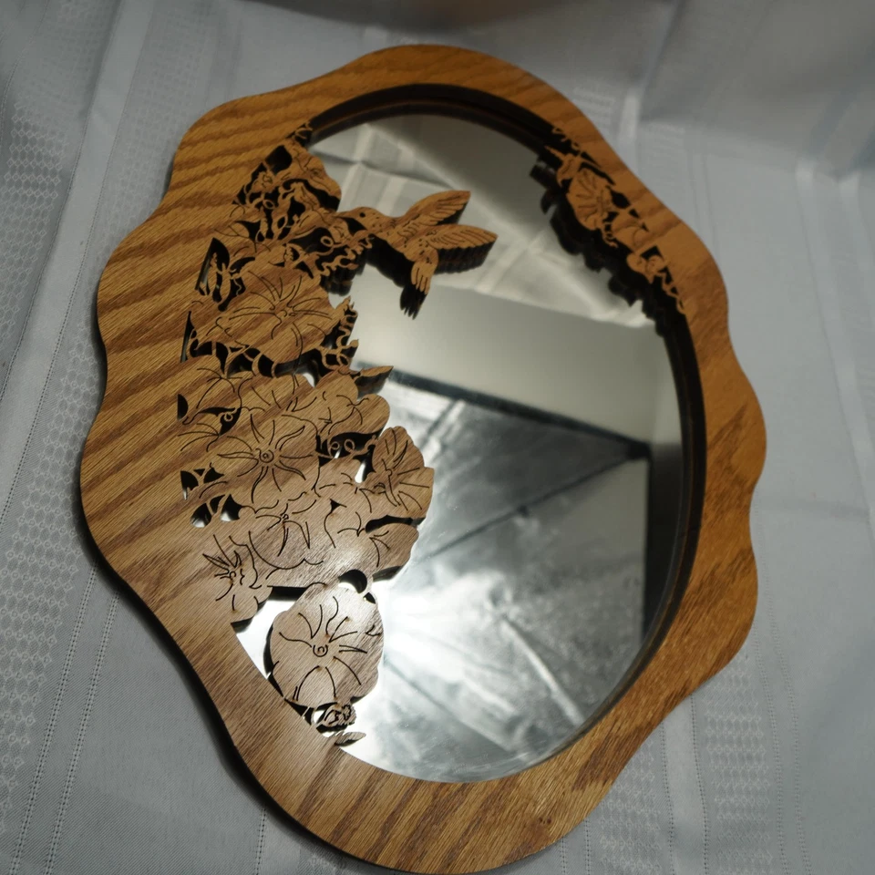 Handmade Scroll Saw Hummingbird Floral Oak Oval Wall Mirror Carved Decor Rustic - Image 3 of 4