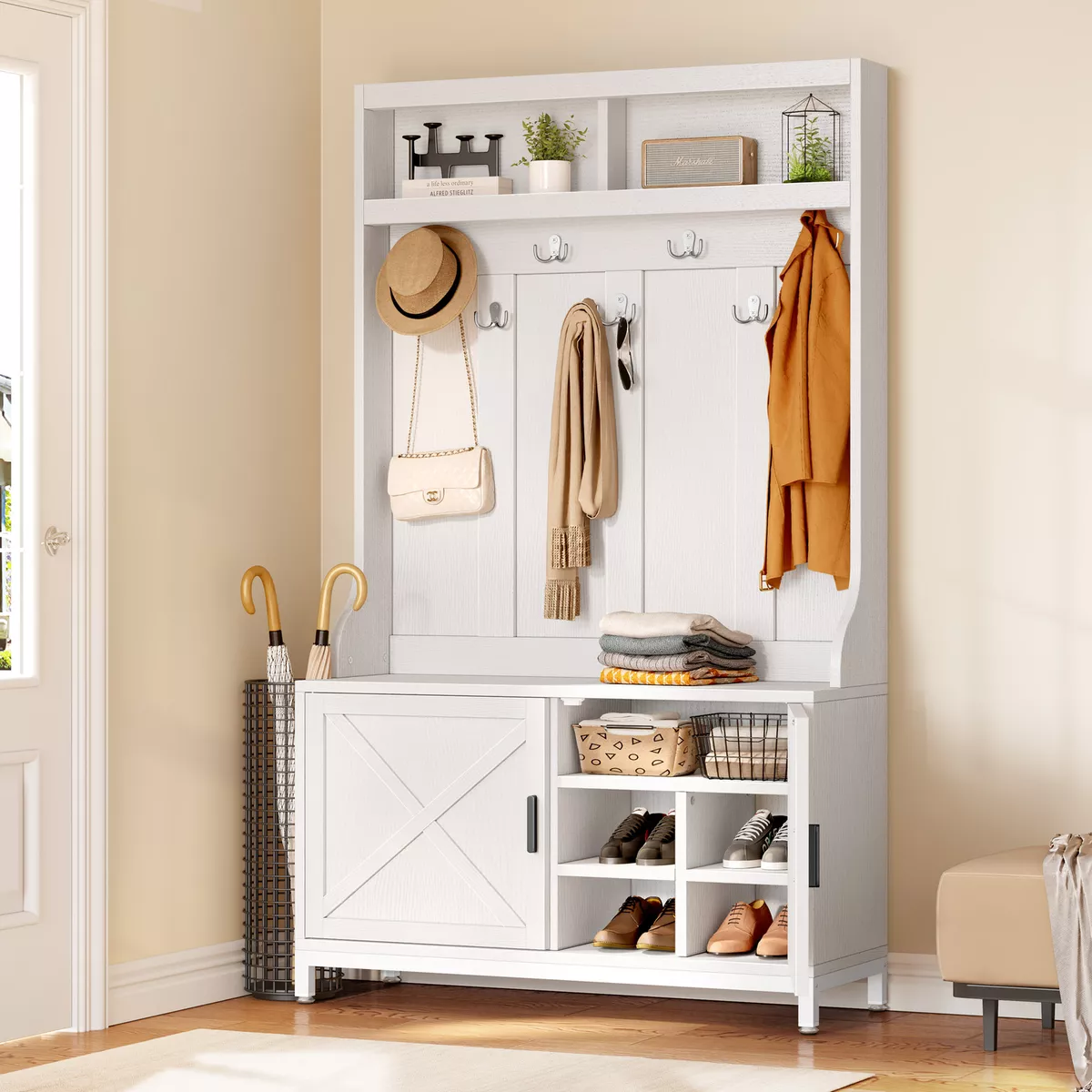 Entryway Bench with Coat Rack Hall Tree Shoe Storage Shelves