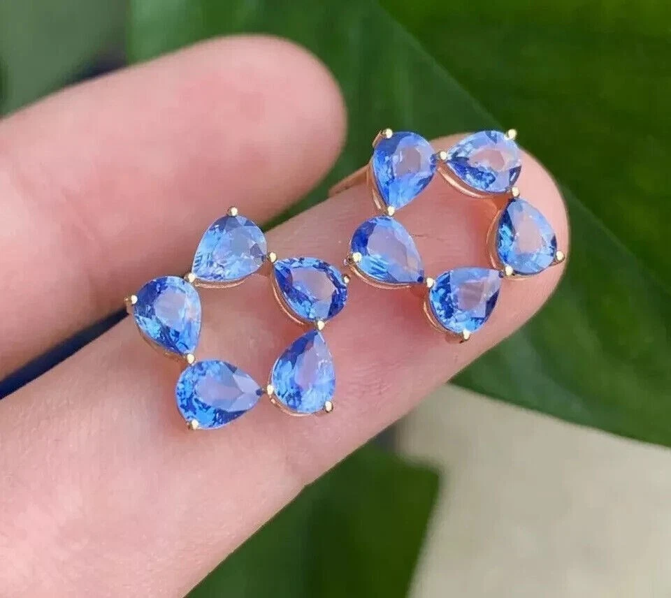 Brinco feminino extravagante corte pera simulado tanzanita folheado a ouro branco 14k - Imagem 2 de 4