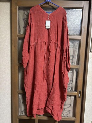 New Ichi Antiques Linen Long Dress Orange Red Relaxed Fit Summer - Main Image