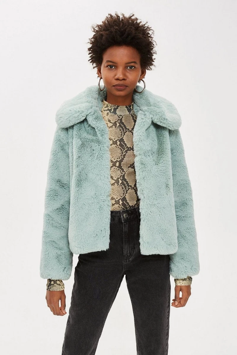 Topshop 12 Faux Fur Coat Jacket Mint Icy Green Blue Plush Teddy 60s Retro