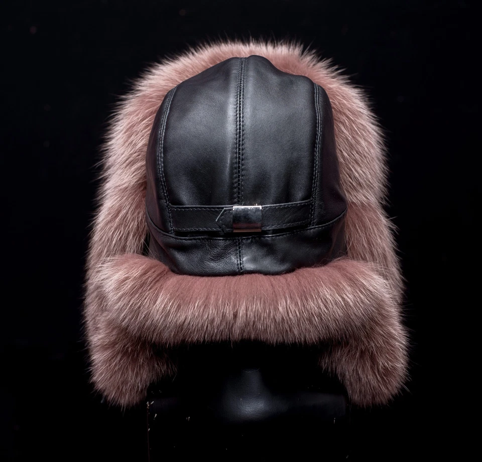 Saga Furs  Mocha Brown Fox Fur Black Leather Handmade Aviator Trapper Unisex Hat - Image 4 of 4