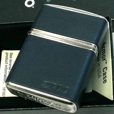 Zippo Oil Lighter Logo Classic Leather Wrapped Navy Silver Armor Case Japan