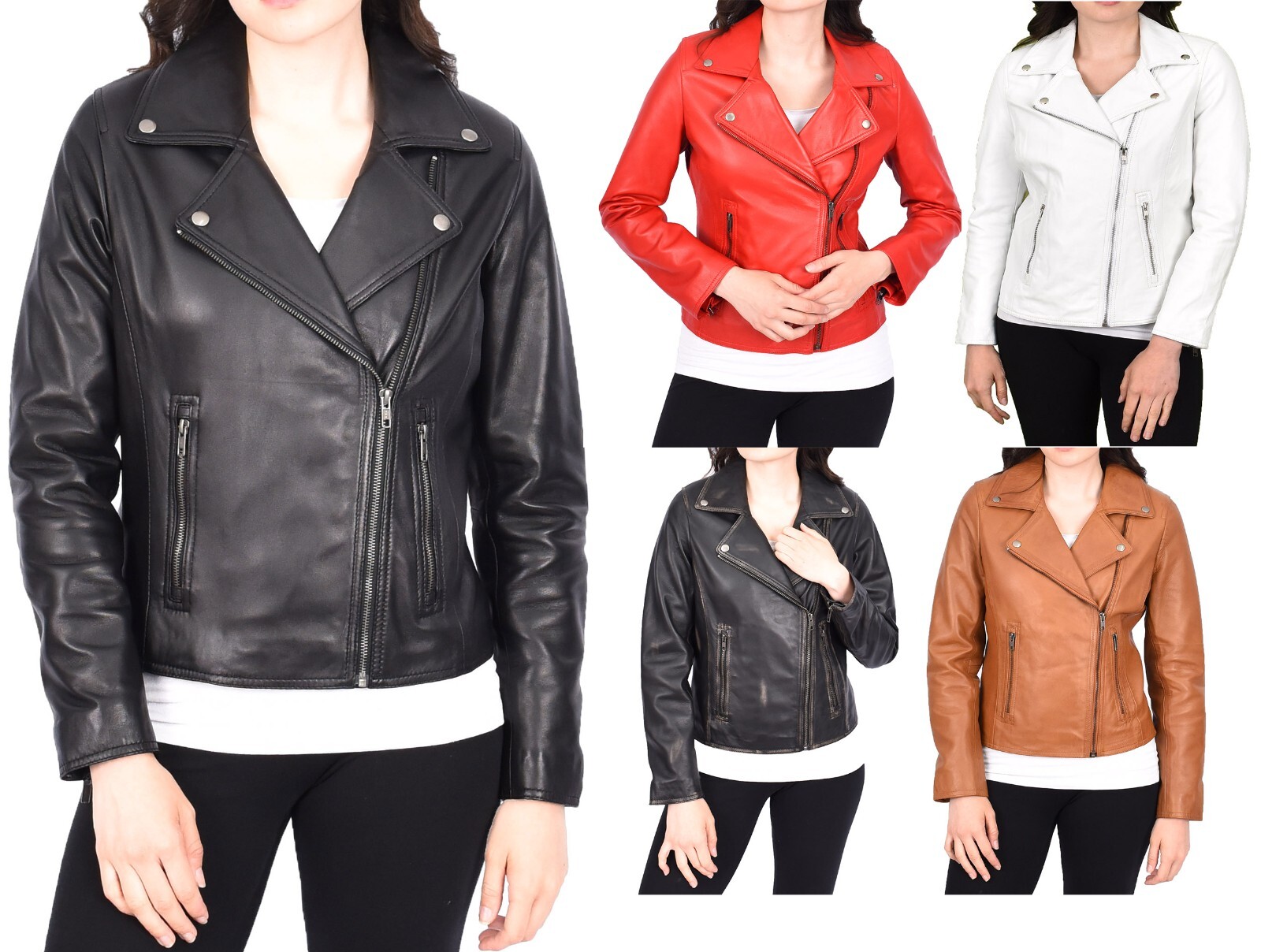 Chaqueta de cuero para mujer estilo motociclista clásico varios colores disponibles