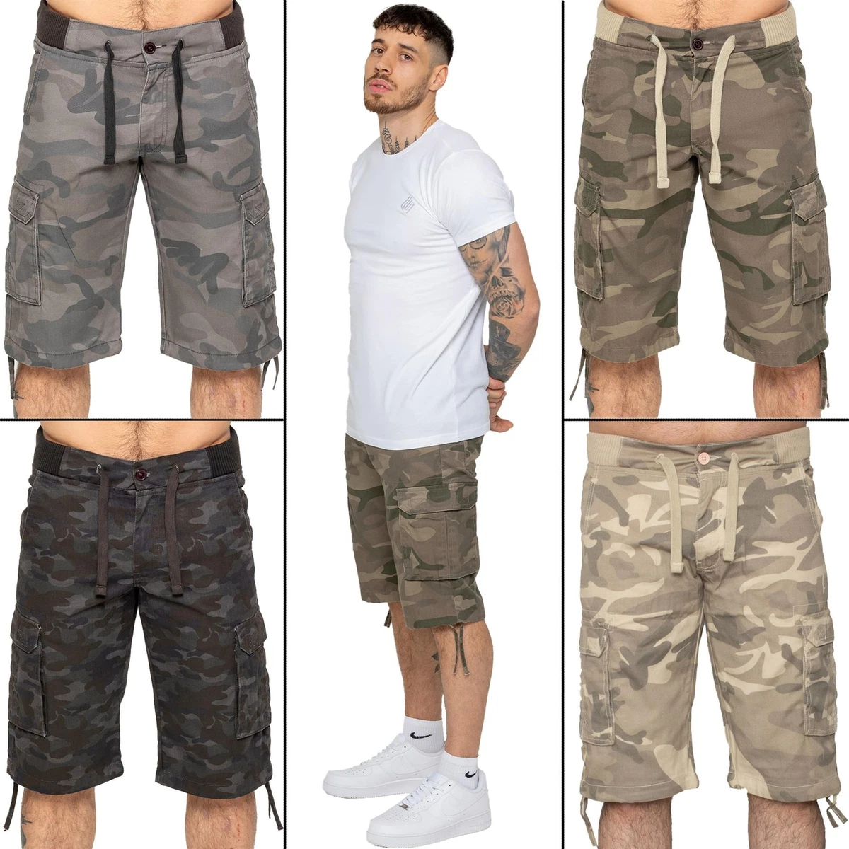 Enzo Combat short voor heren, cargozakken, informeel, knielengte, jeans, denim broek, Grijs, 38W