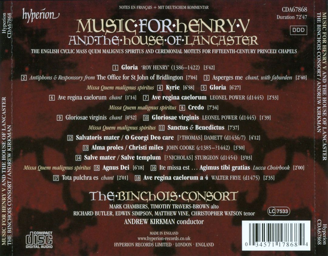 THE BINCHOIS CONSORT/ANDREW KIRKMAN MUSIC FOR HENRY V AND THE HOUSE OF LANCASTER