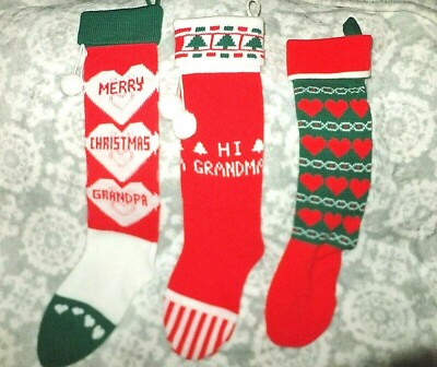 Vintage Knit Christmas Stockings 18'' 21'' & 23'' Grandma Grandpa Hearts Lot of 3