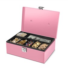 Cash Box with Money Tray and Lock - Pink Cash Storage with Latch Lock  Key