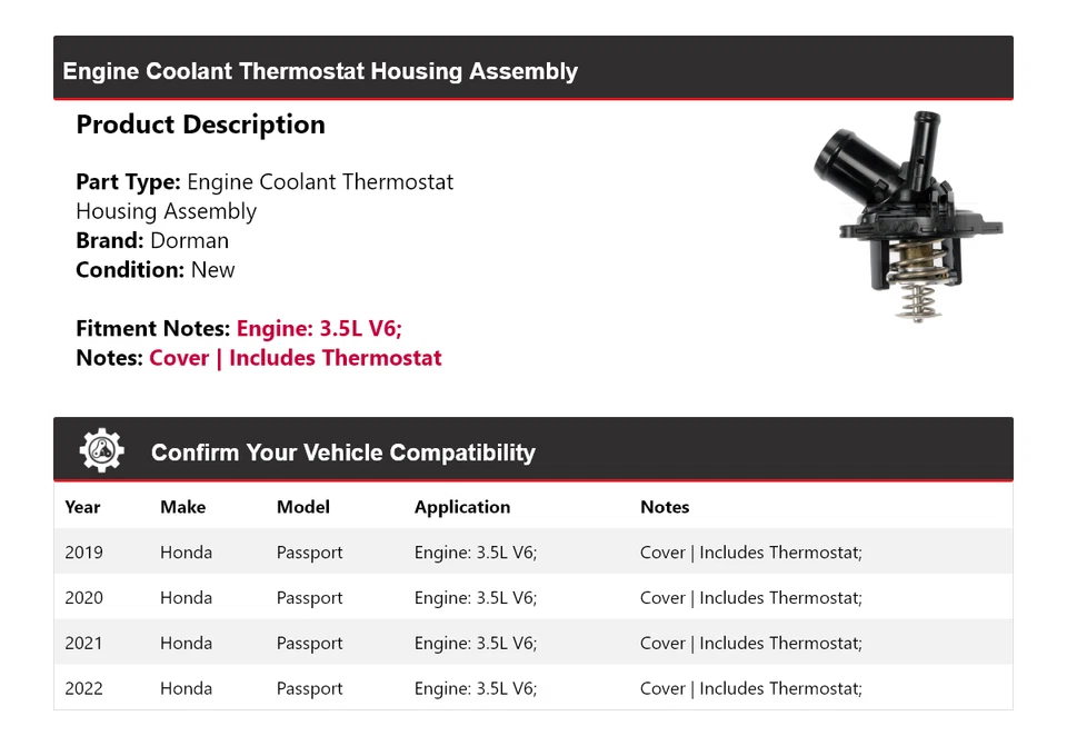 Conjunto de carcasa termostato Dorman V6 3,5 L Honda Passport 2019-2022 2020 Foto 2 de 4