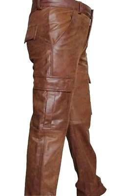 Pantalon cargo homme en cuir véritable vintage en cuir marron vieilli motard ... - Photo 1/4