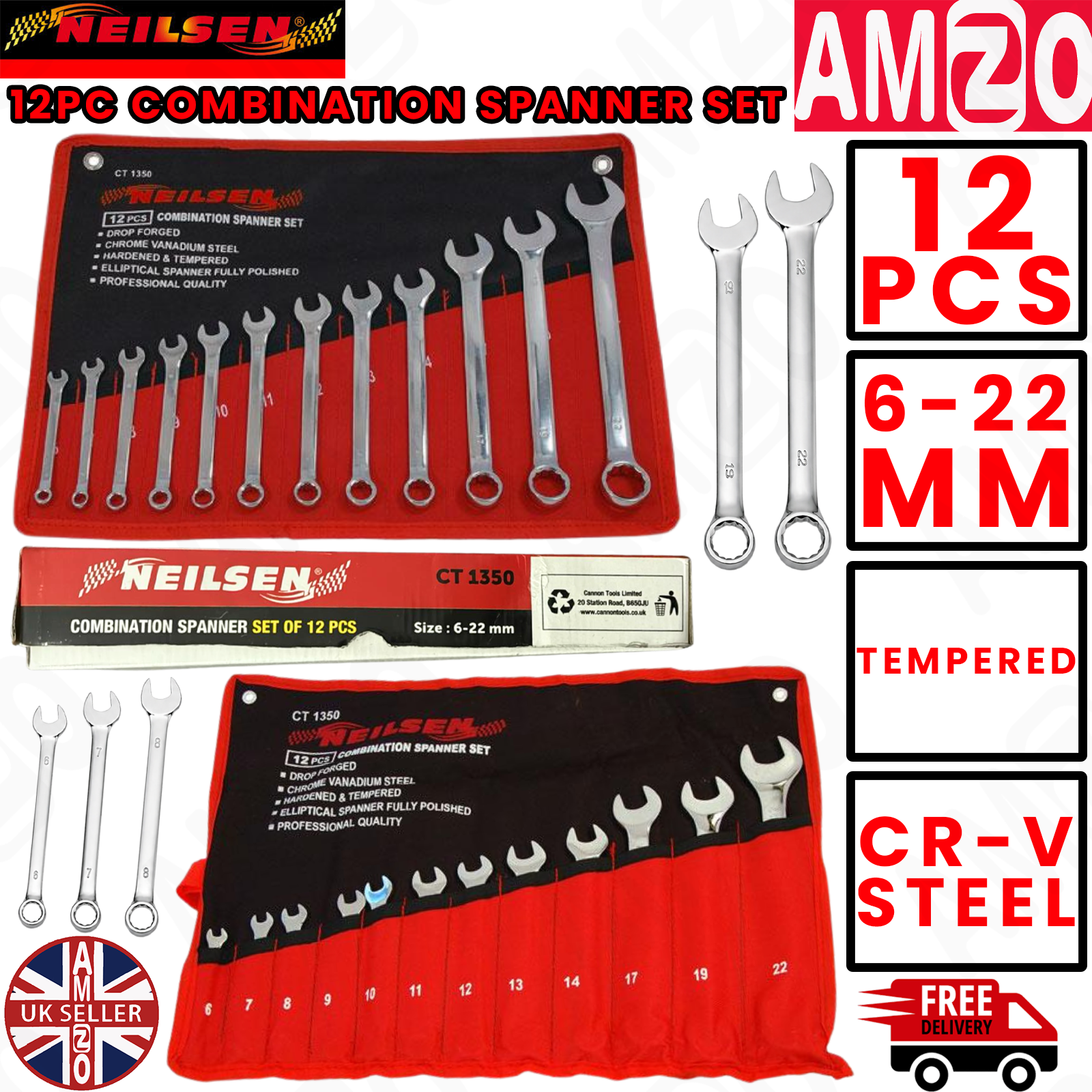 Neilsen 12pc Combination Spanner Set Metric 6-22mm Polished CRV Wrench Set