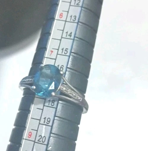 Sterling Silver Ring Blue Topaz Solitaire Size 8 CZ Accents on Band - Image 4 of 4