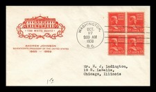 US COVER ANDREW JOHNSON PRESIDENTIAL SERIES FDC SCOTT 822 BLOCK OF 4 HF CACHET