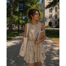 H&M Paisley Ruffle Mini Dress Womens Size 8 Beige Cream Sleeveless Excellent