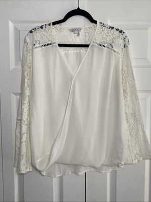 #ad Landa Dora Landa Womens Large Ivory Faux Wrap Top Long Sleeve Lace Etherial $14.97