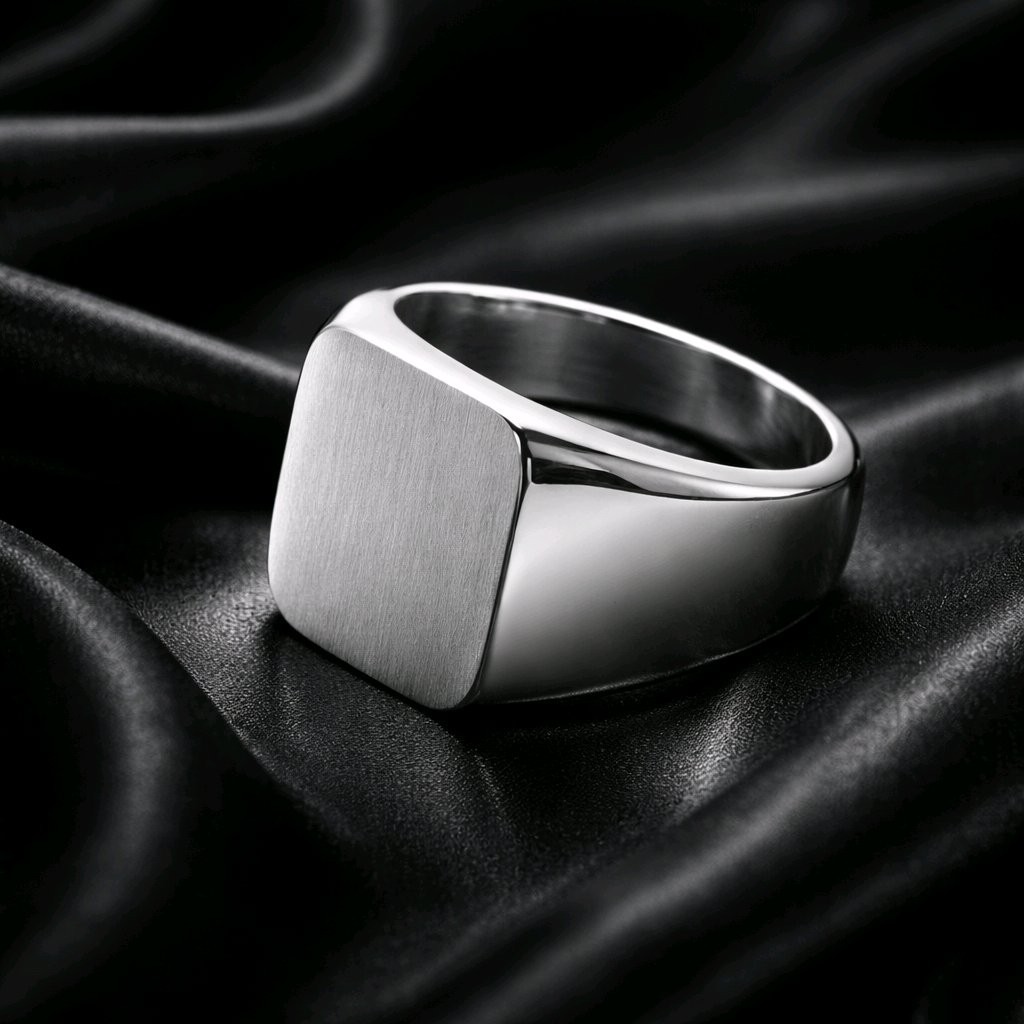 Anillo Cuadrado Signet De Acero Inoxidable Mate Plateado Para Hombre, Mujer