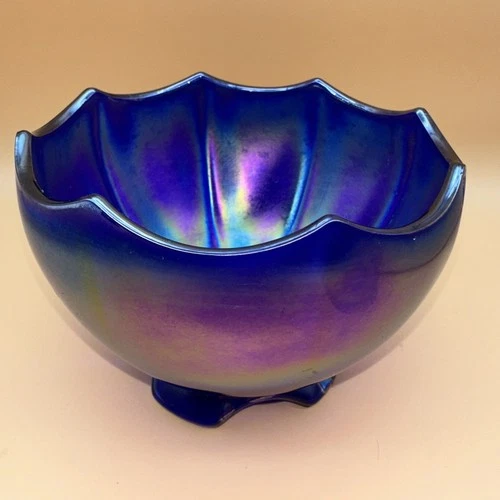 Vintage Imperial Glass Iridescent Cobalt Blue Carnival Glass Four Footed Bowl
