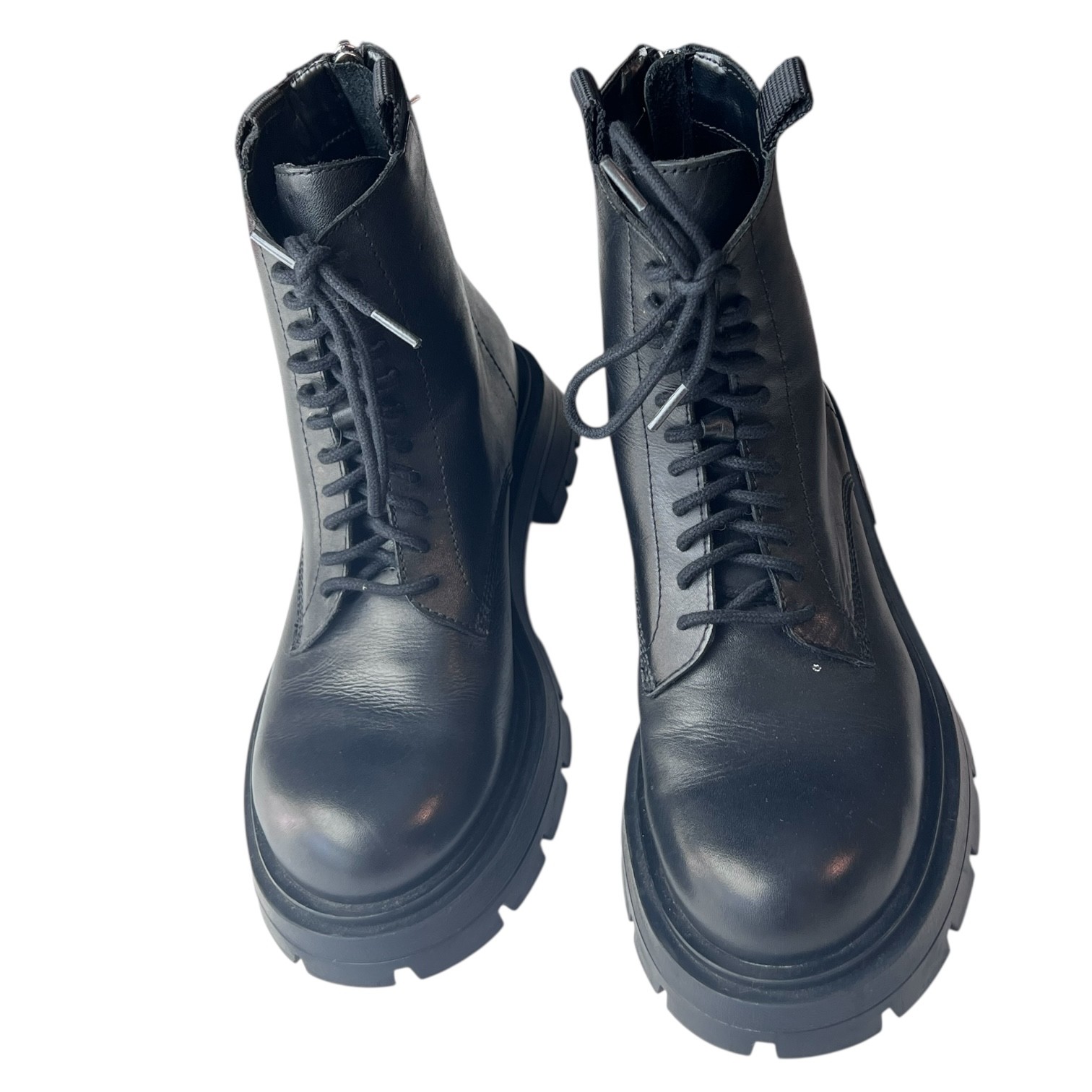 Zara Chunky Lug Sole Lace Up Back Zip Platform Combat Boots Black Leather EU 36