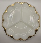 Vintage Anchor Hocking / Fire King Milk Glass Divided Relish Tray w/ Gold Trim