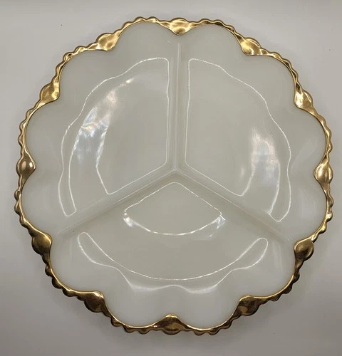 Vintage Anchor Hocking / Fire King Milk Glass Divided Relish Tray w/ Gold Trim