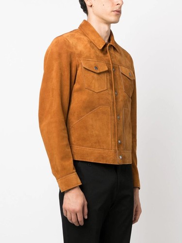 Men's Brown Real Suede Leather Trucker Jacket Classic Fit Fashion Coat - Picture 3 of 6