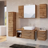 BadmöBel Set Wotaneiche Inkl Keramik Waschbecken Led-Spiegelschrank Badezimmer