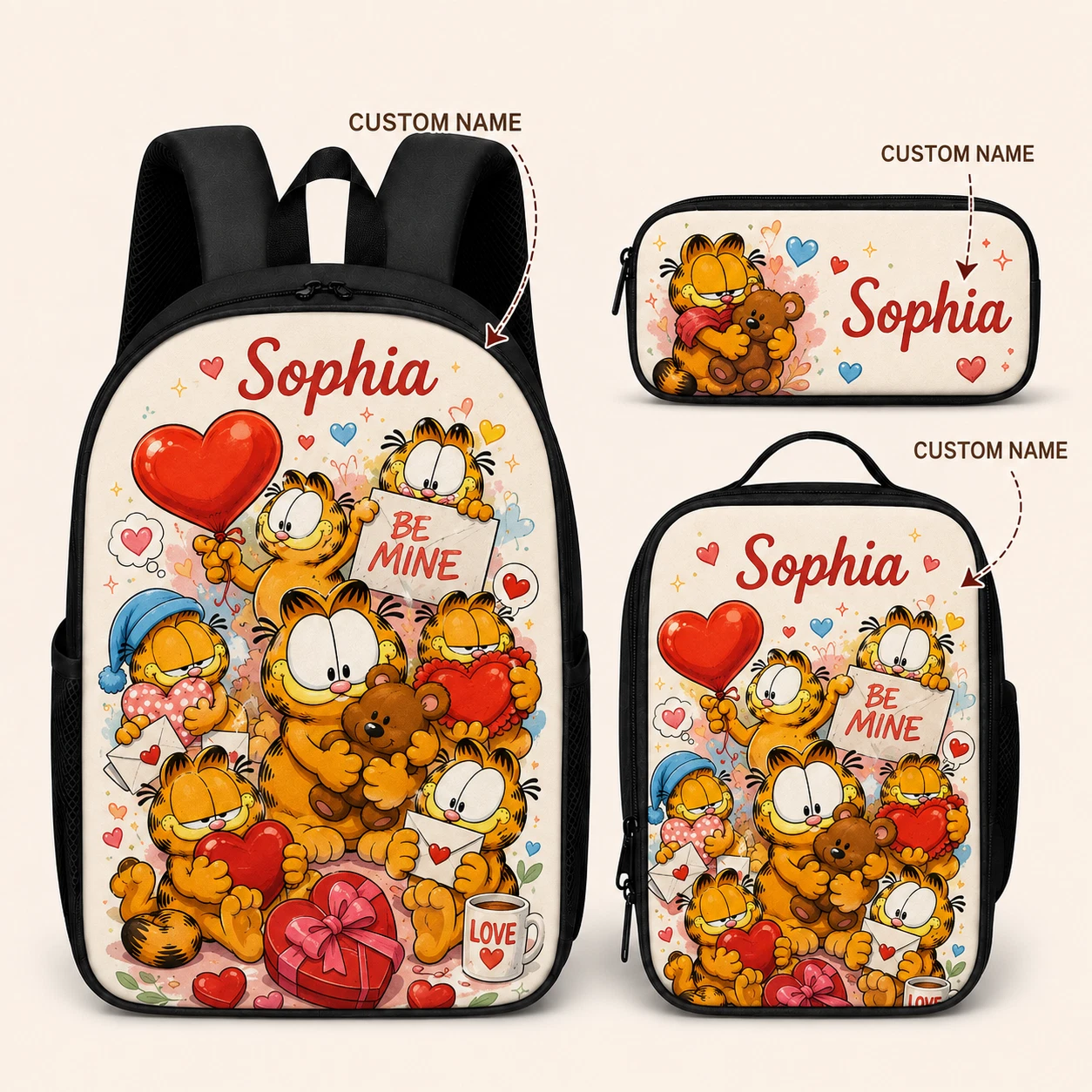 Personalized Love Orange Cat Backpack Set 3 Pcs Custom Name Kids School Bookbag