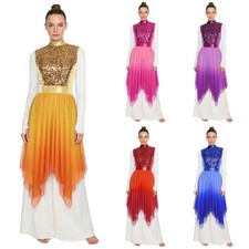 Women Dancewear Sequined Dress Stage Gown Mesh Dance Performance Praise Costume