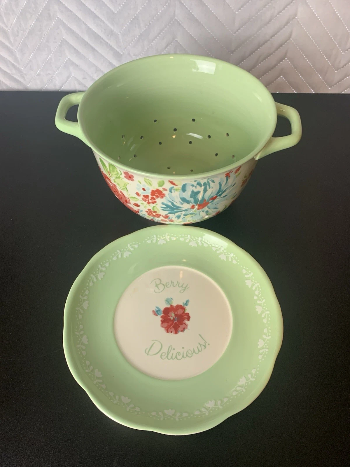 Pioneer Woman Floral Green Berry Strainer Underplate Fruit Colander Bowl 2 Pc