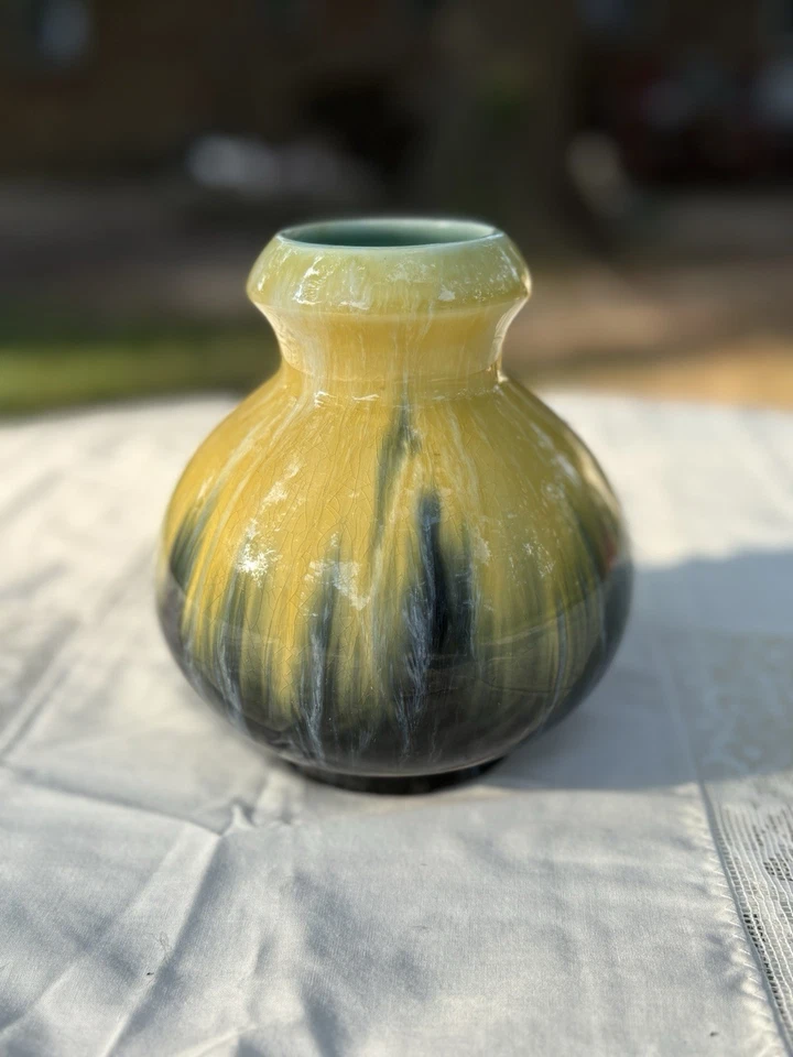罕见 Boch F La Louviere 黄色和绿色花瓶 1920 年代。 古董艺术装饰 — 第 2/4 张图片