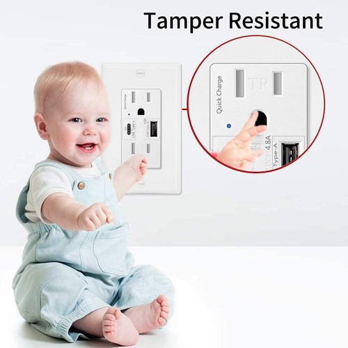 4.8A Quick Charge USB Type C Outlets Receptacles 15A Tamper Resistant Wall Plate - Picture 3 of 12