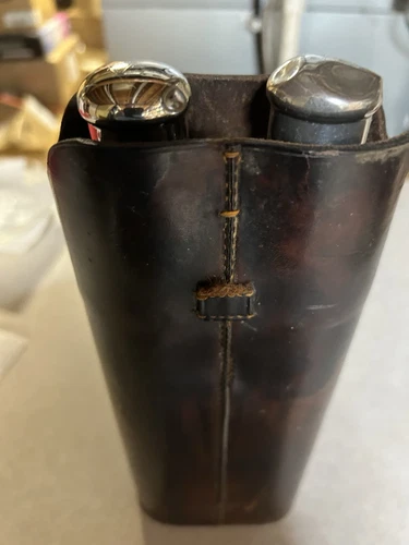 Antique Double Barrel Leather Flask ,Crystal Inserts/Silver Caps Extremely Rare - Picture 18 of 20