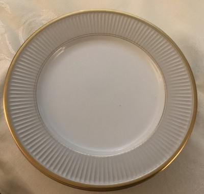 6 - Fitz & Floyd Classique d' Argent Salad Plates Gold Rim Tan Ribbed 7 3/4  EC!